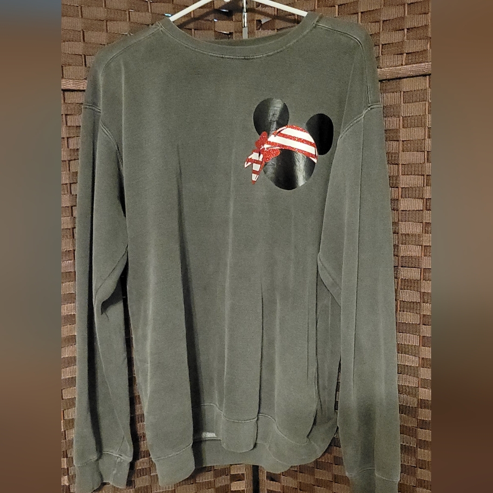 Comfort Colors Women's Dark Gray Sweater with Red and White Accent Mickey Mouse.